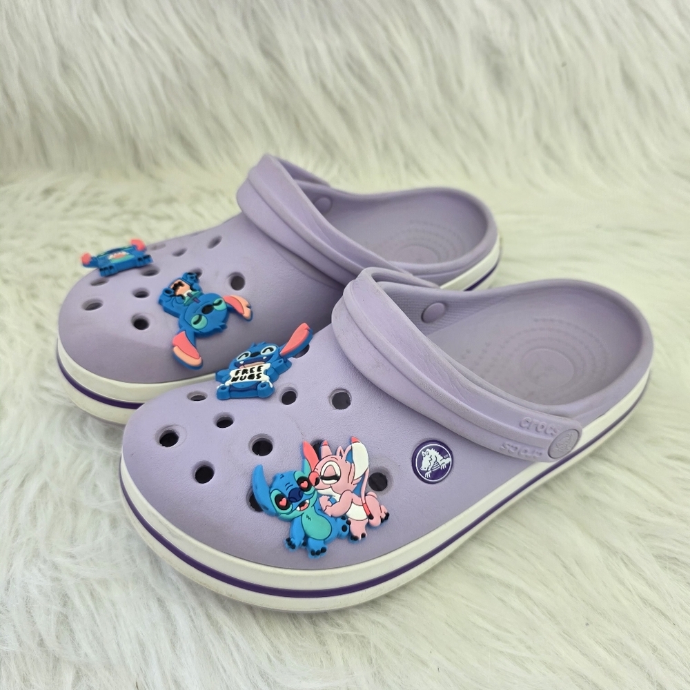 Kids Purple Crocs with Cartoon Charms Size 4